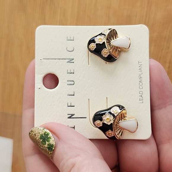 Black and Gold Enamel Mushroom Post Earrings - Picture 2 of 5
